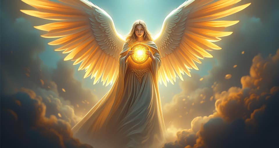  portrait of an angelic guardian, strong and ethereal, cloak flowing, standing tall amidst a storm of celestial power, aura of divine protection, glowing shield in hand, intense and empowering glow. the style is digital art illustration,highly detailed, whimsical,magical, dreamlike atmosphere, realism and fantasy blend, smooth, glossy textures,luminous quality, wonder and enchantment.