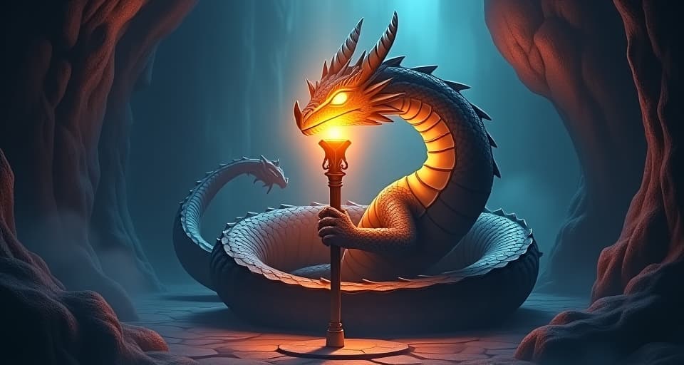  a majestic dragon coiled around a glowing staff in a mystical cavern. the light from the staff reflects in the dragon's eyes, symbolizing divine standards that transcend worldly temptations.. the style is digital art illustration,highly detailed, whimsical,magical, dreamlike atmosphere, realism and fantasy blend, smooth, glossy textures,luminous quality, wonder and enchantment.