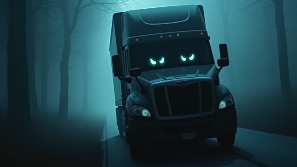  images about horror stories, a truck driver leaving an eerie scene with glowing eyes watching from the shadows. hyperrealistic, full body, detailed clothing, highly detailed, cinematic lighting, stunningly beautiful, intricate, sharp focus, f/1. 8, 85mm, (centered image composition), (professionally color graded), ((bright soft diffused light)), volumetric fog, trending on instagram, trending on tumblr, HDR 4K, 8K