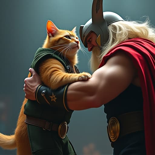  in a vibrant, ultra realistic style akin to a comic book, hemule, an anthropomorphic light brown tabby cat with rebellious charisma, embodies loki's persona. dressed in loki's attire, hemule grapples with a cartoonish thor, exuding an edgy vibe. the scene captures hemule's impeccable style, mixed with the intensity of the wrestling match, set in a dynamic and visually striking composition. hyperrealistic, full body, detailed clothing, highly detailed, cinematic lighting, stunningly beautiful, intricate, sharp focus, f/1. 8, 85mm, (centered image composition), (professionally color graded), ((bright soft diffused light)), volumetric fog, trending on instagram, trending on tumblr, HDR 4K, 8K