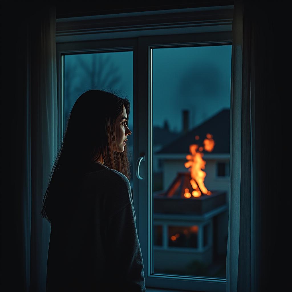  a young woman late at night, she stands by her bedroom window, her face illuminated by the bright light of a fire outside, she looks frightened as she gazes out the window