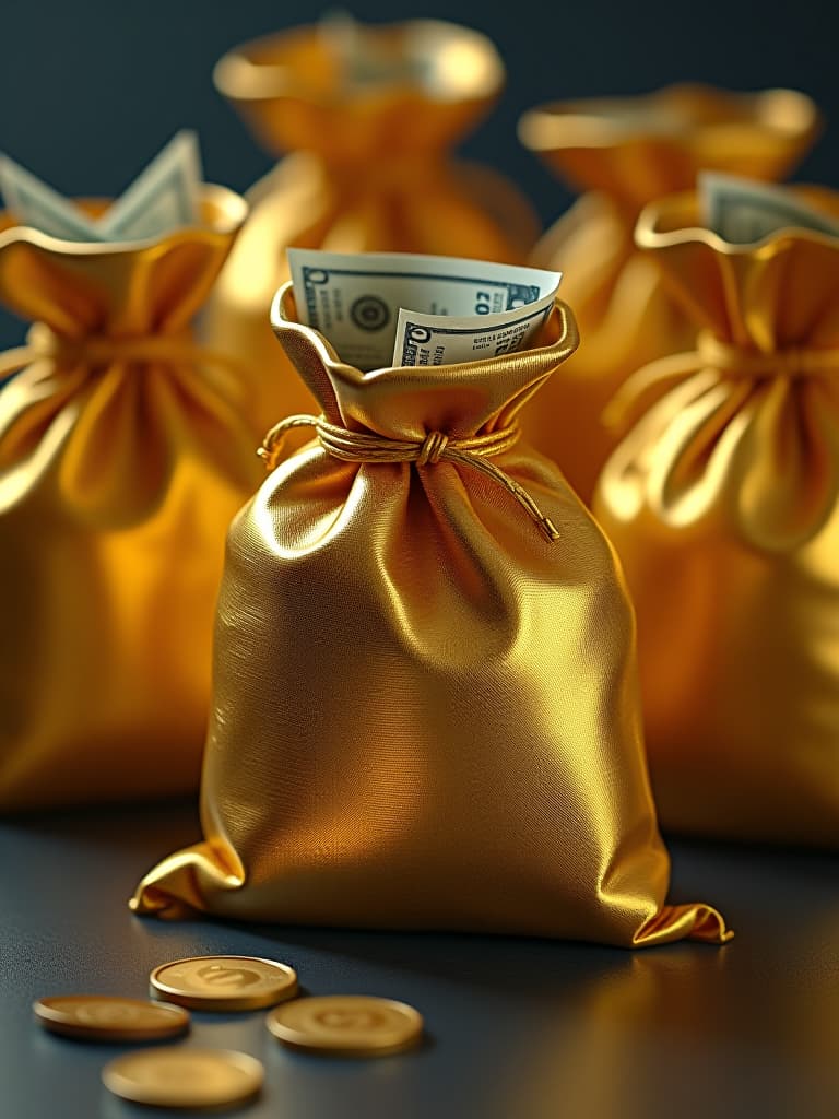  an image of several pure gold money bags filled with real 100 dollar bills. photo realistic. hyperrealistic, full body, detailed clothing, highly detailed, cinematic lighting, stunningly beautiful, intricate, sharp focus, f/1. 8, 85mm, (centered image composition), (professionally color graded), ((bright soft diffused light)), volumetric fog, trending on instagram, trending on tumblr, HDR 4K, 8K