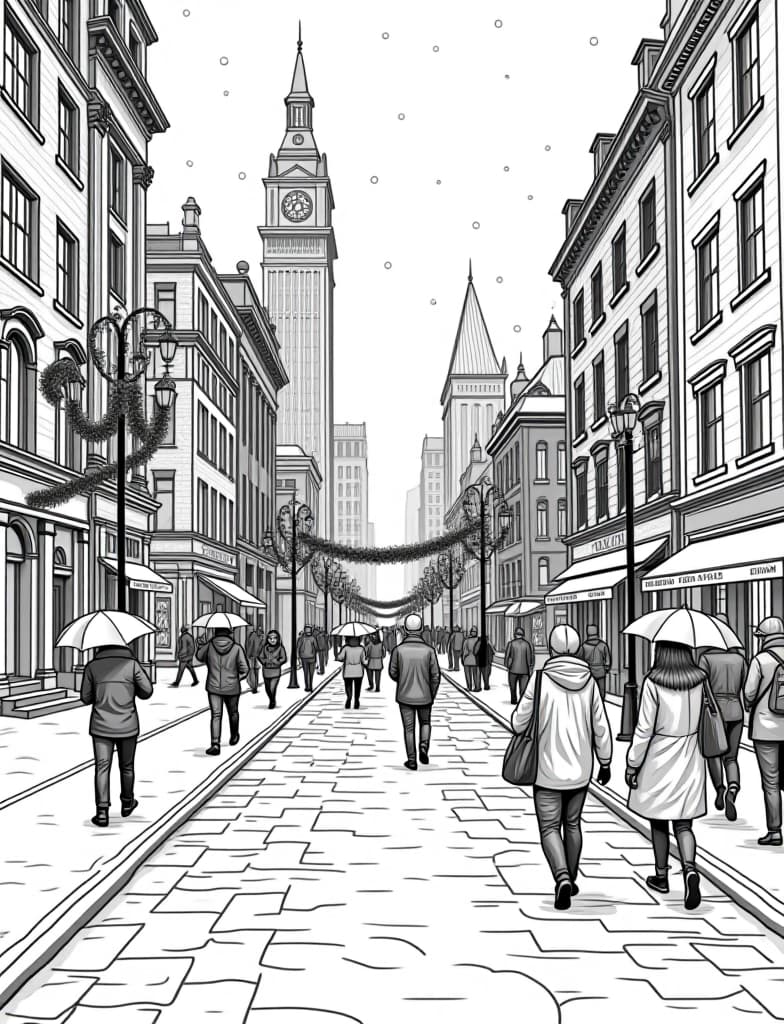  this is for an adult coloring page. a detailed black and white line art of a snowy snowy cityscape with people walking under umbrellas and holiday decorations on a solid white background.