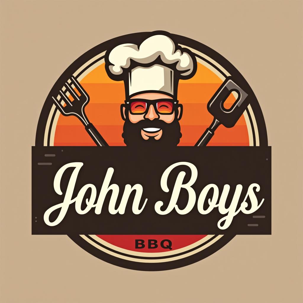  smoking grill john boys bbq, (logo), tasty, fresh, gourmet, culinary, chef hat, utensils, warm colors, elegant script, inviting, delicious