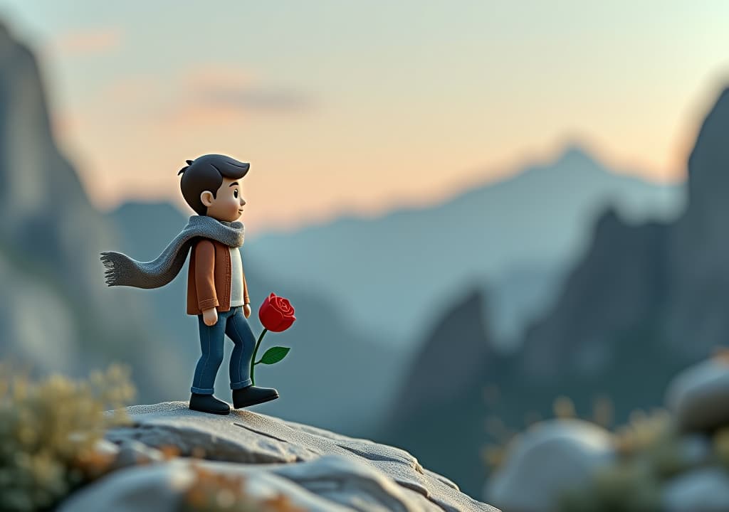  paper craft of boy with scarf and red rose on rocky landscape