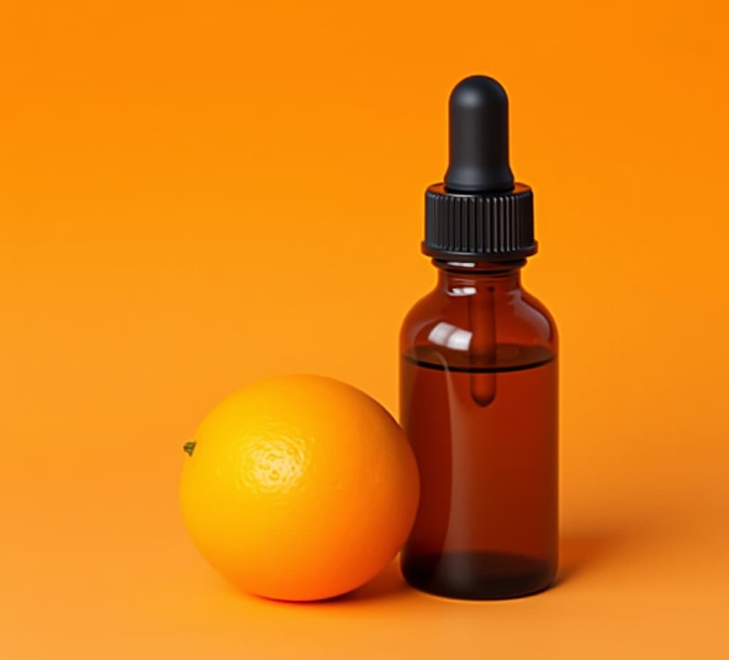  citrus essential oil in a glass bottle with dropper and orange on orange background