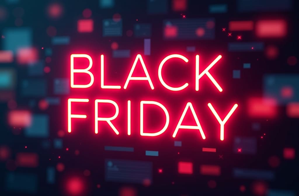  sign with glowing neon text "black friday" over blurred digital background ar 3:2 {prompt}, maximum details