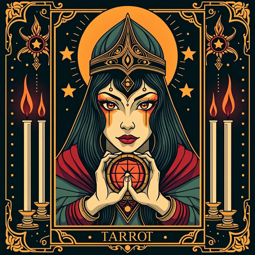  art deco style warrior guesses on tarot face, stars, candles, mystery, magic . geometric shapes, bold colors, luxurious, elegant, decorative, symmetrical, ornate, detailed