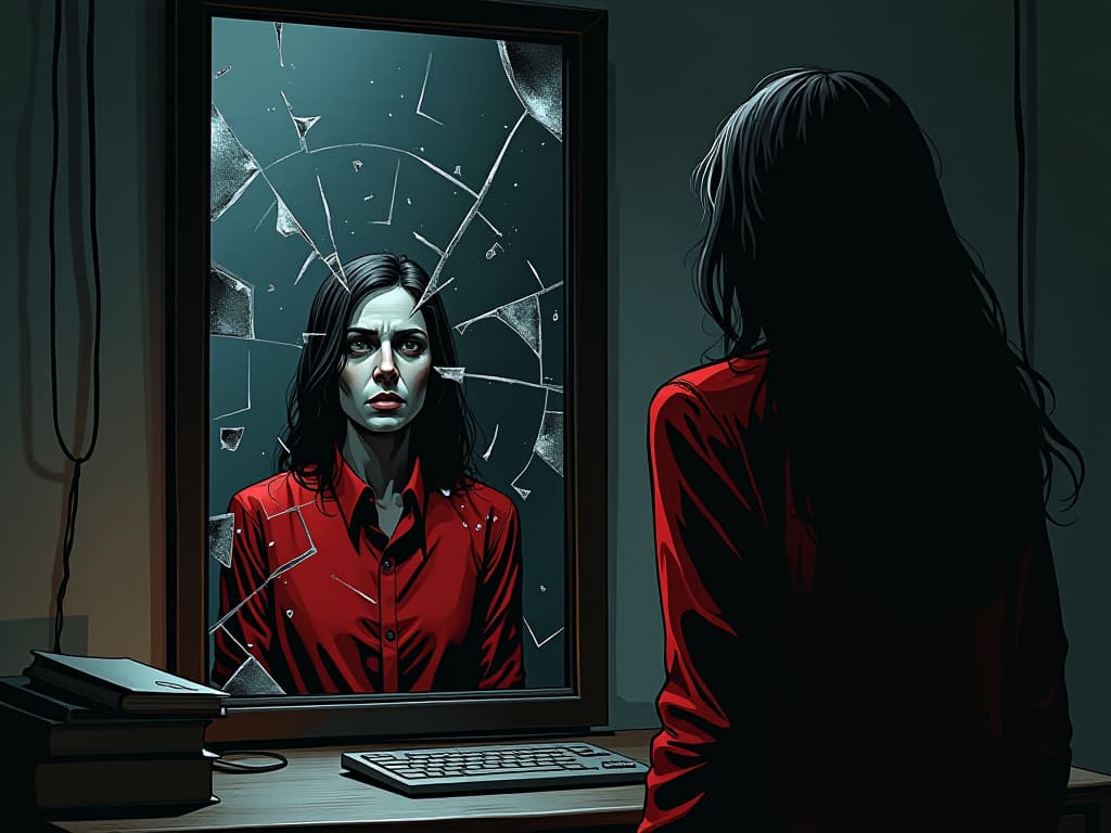  coworker in red, staring at shattered mirror, broken pieces reflecting various emotions, eerie office setting. the style is digital art illustration / modern comic book / graphic dark novel fantasy and mysterious occult, symbolic, moody lighting, esoteric vibe,high detail on character design. for the color scheme emphasize blacks and reds.