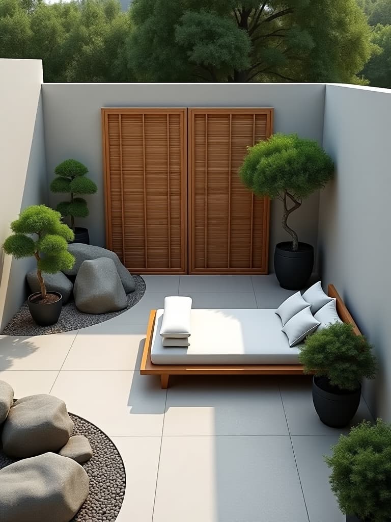  high quality portrait photo of a minimalist zen inspired patio featuring a rock garden, bamboo privacy screens, and a sleek outdoor daybed surrounded by potted bonsai trees, viewed from above hyperrealistic, full body, detailed clothing, highly detailed, cinematic lighting, stunningly beautiful, intricate, sharp focus, f/1. 8, 85mm, (centered image composition), (professionally color graded), ((bright soft diffused light)), volumetric fog, trending on instagram, trending on tumblr, HDR 4K, 8K