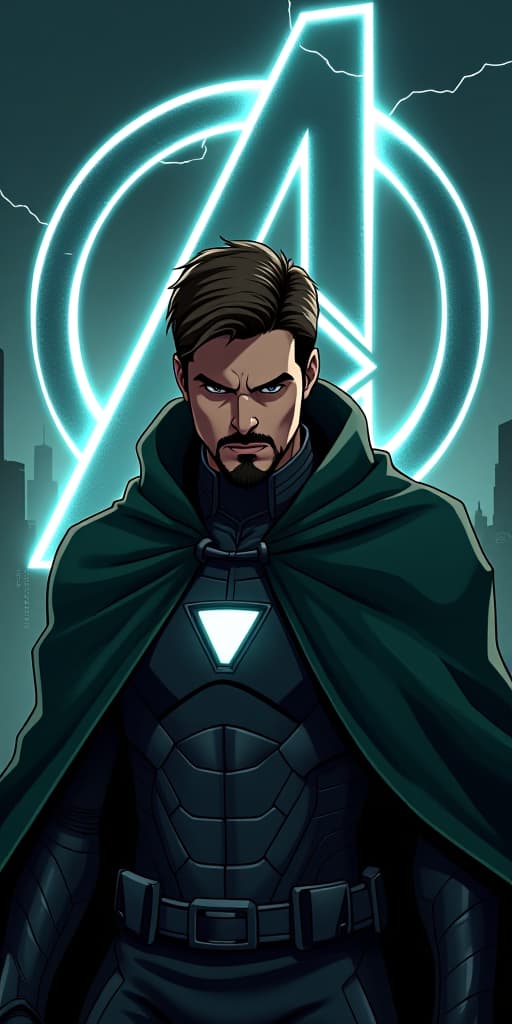  anime, anime sytle, anime image, cartoon, real cartoon, real anime, a hyper realistic movie poster for "avengers secret war" starring tom cruise as unlimate iron man. he is depicted with a sinister expression, wearing a heavily armored, dark green cloak. the background shows a war torn city in shadows, with the avengers logo partially illuminated by crackling energy.