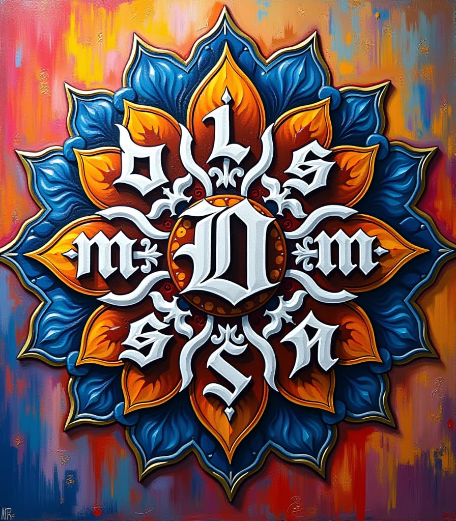  (masterpiece, high resolution, vibrant colors:1.3), dynamic canvas filled with bold, expressive paint, (palette knife technique:1.4), rough texture that invites touch, strokes conveying a sense of motion and energy, (stunning white gothic letters:1.2), forming an intricate mandala, each petal designed with fluid calligraphic forms, harmonious interplay between text and form, edges of the mandala blending into the textured base, soft gradient transitioning into vibrant colors, evoking a sense of unity, lively atmosphere, intricate details on each letter, colorful background creating depth, overall sense of movement, expressive and captivating composition. hyperrealistic, full body, detailed clothing, highly detailed, cinematic lighting, stunningly beautiful, intricate, sharp focus, f/1. 8, 85mm, (centered image composition), (professionally color graded), ((bright soft diffused light)), volumetric fog, trending on instagram, trending on tumblr, HDR 4K, 8K