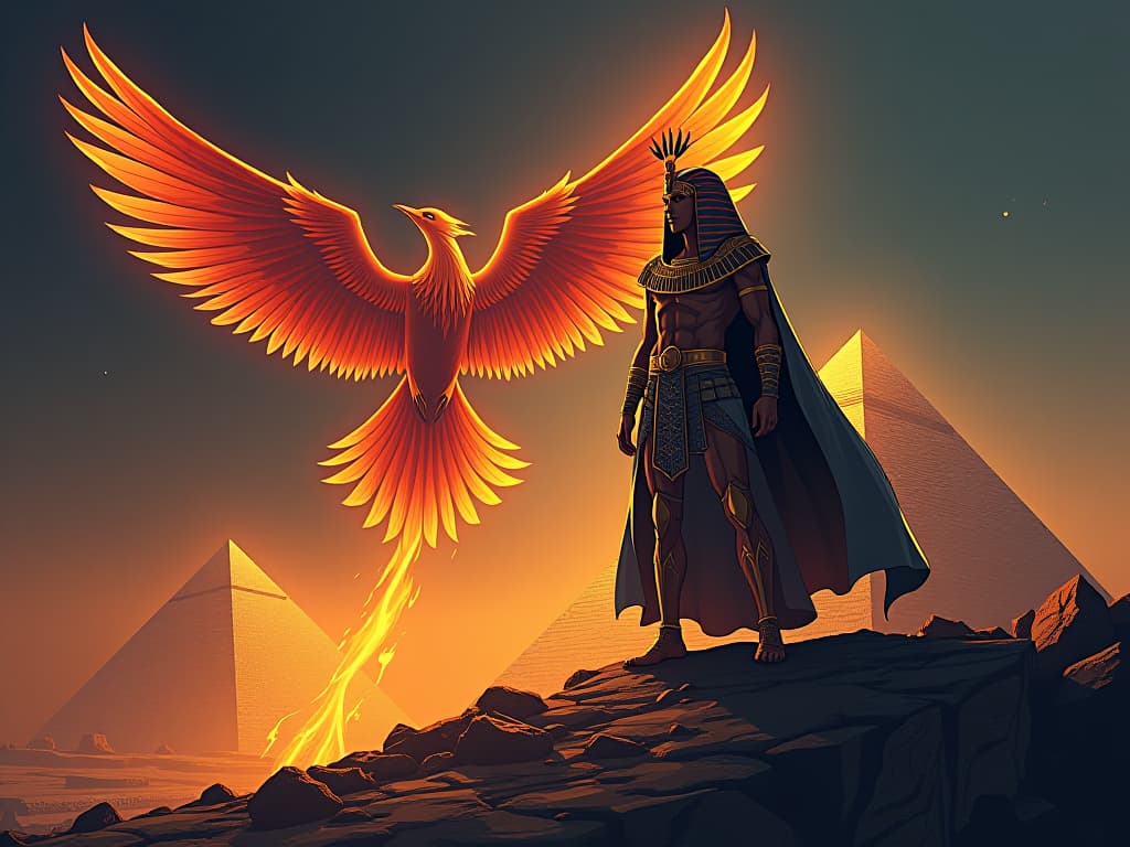  phoenix rising from the ashes beside a pyramid, symbolizing innovation and growth. the style is digital art illustration / modern comic book / mysterious occult, symbolic, esoteric vibe,high detail on character design, incorporating ancient egyptian symbology and attire.