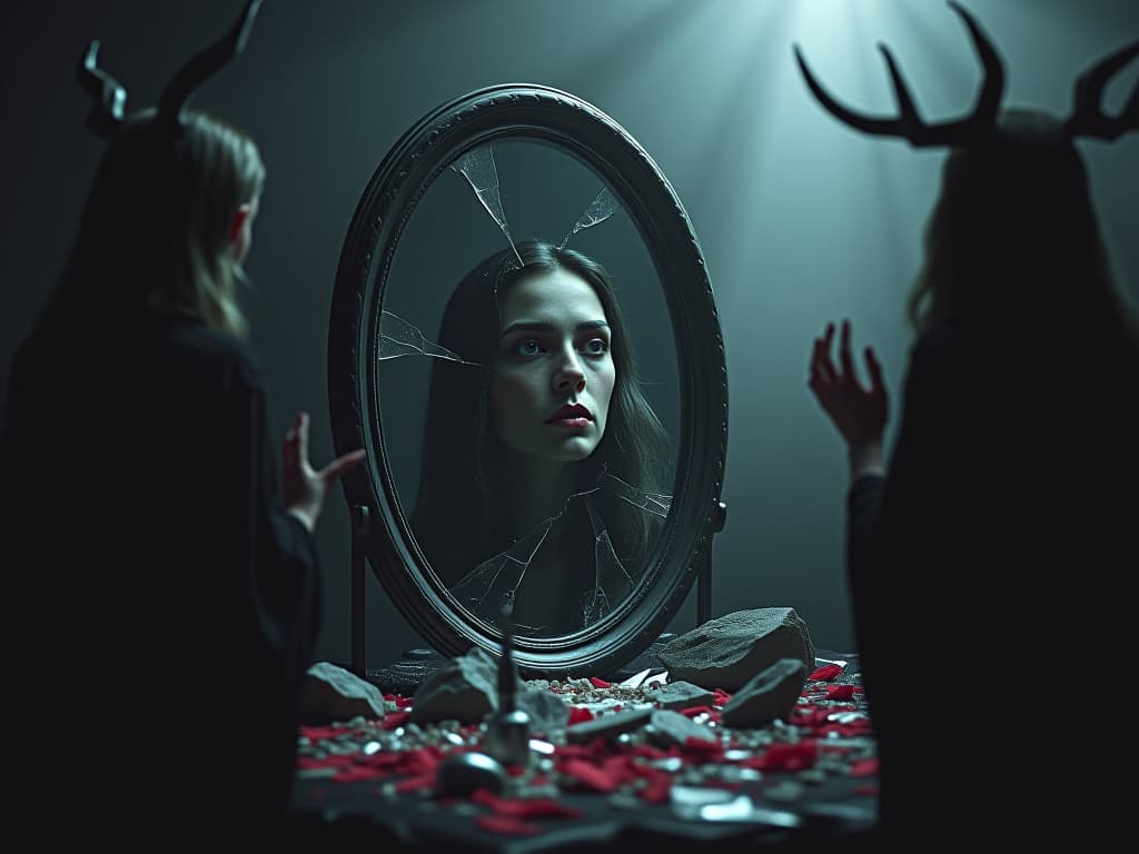  shattered mirror reflecting a person’s face, fragments of glass scattered, mystical beings with ethereal light surrounding the scene, dramatic and emotional mood. the style is black magick and mysterious occult, symbolic, dark gothic sharply contrasting colors, esoteric vibe. for the color scheme emphasize blacks and reds.