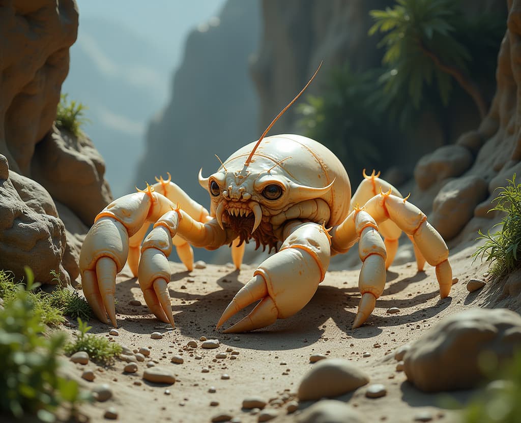  shot of a peculiar, six legged crustacean like being sprawled across the rugged, gravity warped terrain of this alien world. its translucent limbs and bulbous body are inflated like balloons, as if compensating for the intense gravitational pull. the creature's crab like features appear distorted by the strong force, its eyes fixed on an unusual plant growing nearby. rocky outcroppings and twisted, otherworldly flora fill the background, casting long shadows in the dim light.