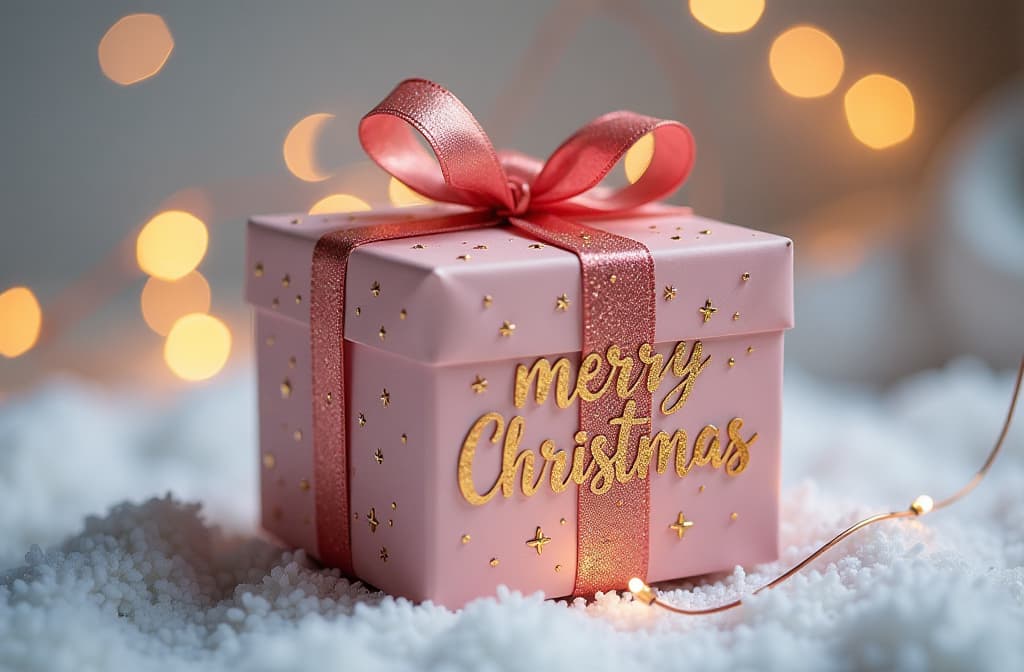  beautiful christmas gift box with glitter with golden lettering "merry christmas" on sparkling bokeh background, soft pastel colors ar 3:2 {prompt}, maximum details