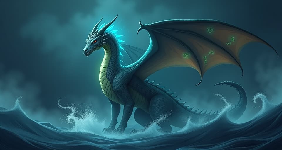  a majestic dragon standing firm in a dark, swirling storm. glowing symbols on its scales shine brightly, cutting through the darkness with an unyielding light, symbolizing resilience.. the style is digital art illustration,highly detailed, whimsical,magical, dreamlike atmosphere, realism and fantasy blend, smooth, glossy textures,luminous quality, wonder and enchantment.