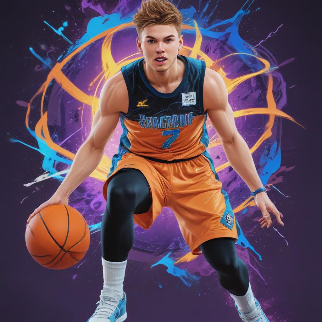 distance-shot, flashy, full-body, dynamic, holographic, animated cartoon poster of luka doncic in the style of dragon ball super