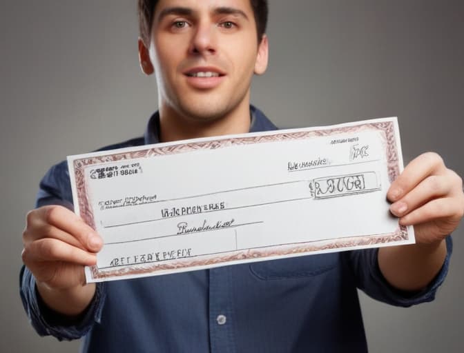 An image of a man holding a check with the amount of earnings in his hands.