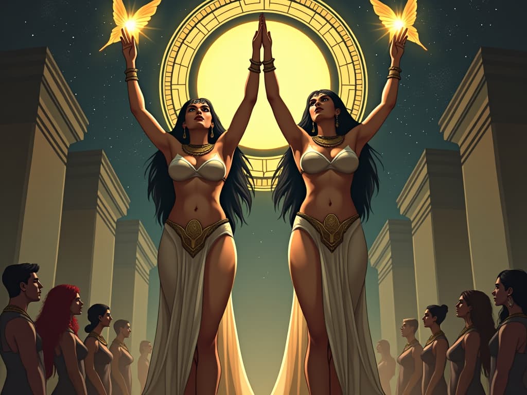  two large busted goddesses, dressed in sheer, form fitting gowns, with arms raised in ritual, surrounded by glowing symbols and followers, symbolizing supporting and uplifting each other. the style is digital art illustration / modern comic book / mysterious occult, symbolic, esoteric vibe,high detail on character design, incorporating ancient egyptian symbology and attire.