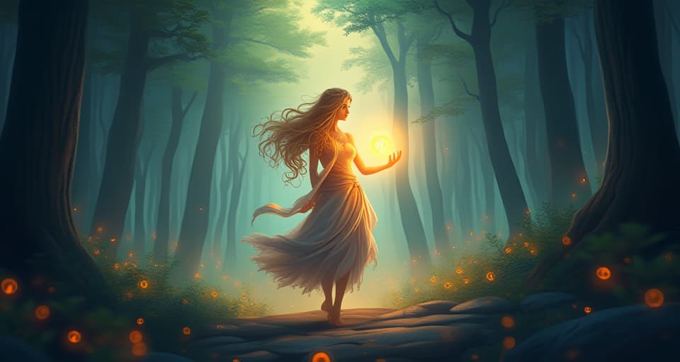  an enchanted, radiant figure carrying a glowing orb, walking through a mystical forest, path illuminated by small floating lights, symbolizing purpose and unstoppable destiny.. the style is digital art illustration,highly detailed, whimsical,magical, dreamlike atmosphere, realism and fantasy blend, smooth, glossy textures,luminous quality, wonder and enchantment.