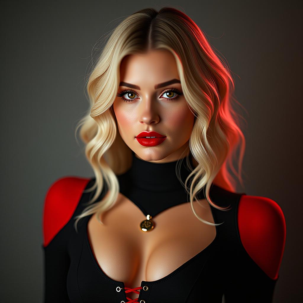  make an image of woman with blonde hair and brown eyes and red lipstick wearing y2k outfit that is black and red