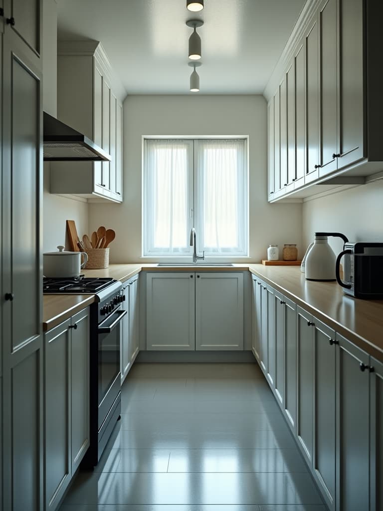  a portrait photo of a small galley kitchen with a monochromatic color scheme, reflective surfaces, and a clear sight line emphasizing the illusion of space hyperrealistic, full body, detailed clothing, highly detailed, cinematic lighting, stunningly beautiful, intricate, sharp focus, f/1. 8, 85mm, (centered image composition), (professionally color graded), ((bright soft diffused light)), volumetric fog, trending on instagram, trending on tumblr, HDR 4K, 8K