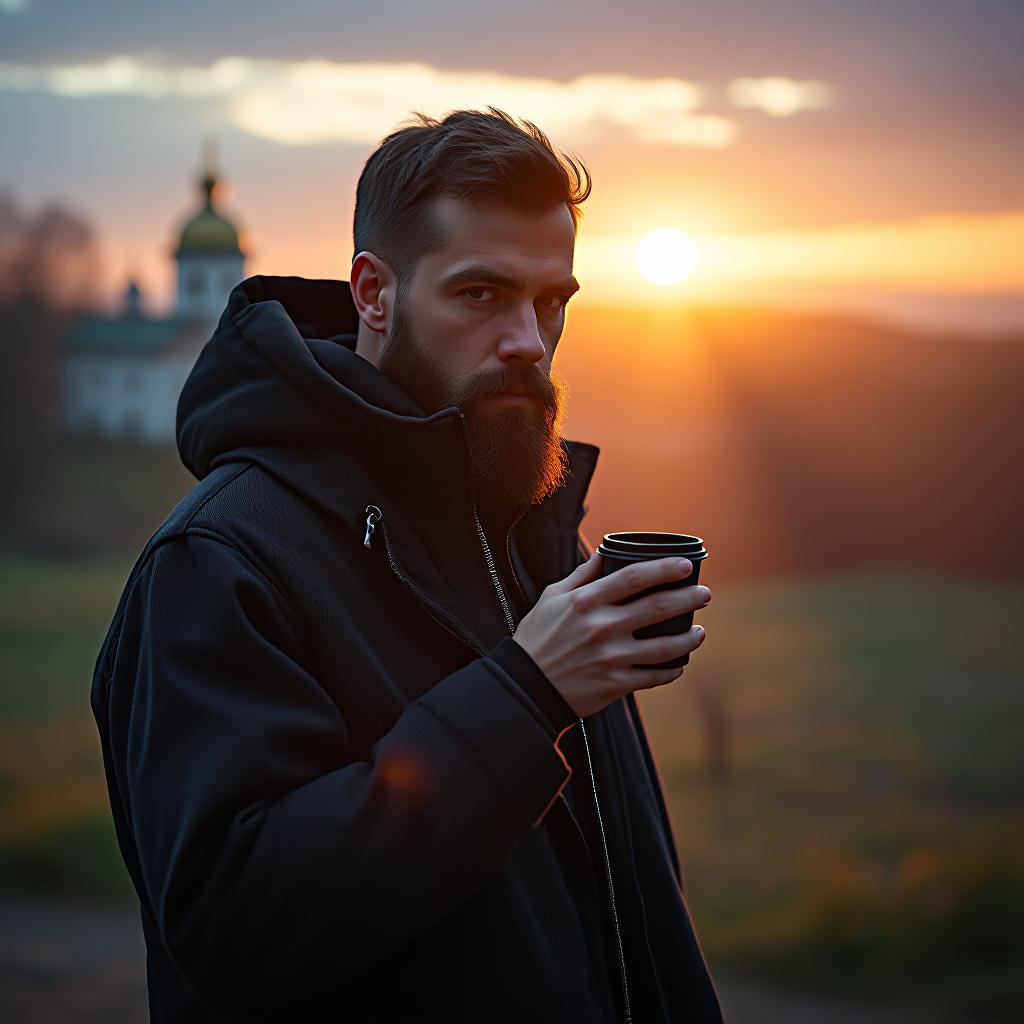  a bearded man is standing drinking coffee against the backdrop of the hermitage at sunset. hyperrealistic, full body, detailed clothing, highly detailed, cinematic lighting, stunningly beautiful, intricate, sharp focus, f/1. 8, 85mm, (centered image composition), (professionally color graded), ((bright soft diffused light)), volumetric fog, trending on instagram, trending on tumblr, HDR 4K, 8K