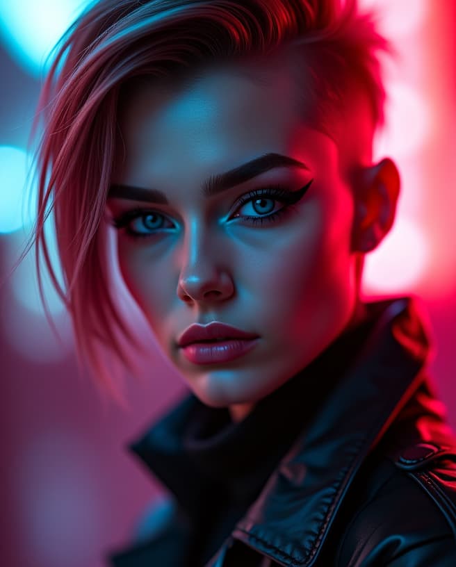  ultra realistic close up portrait ((beautiful pale cyberpunk female with heavy black eyeliner)), blue eyes, shaved side haircut, hyper detail, cinematic lighting, magic neon, dark red city, canon eos r3, nikon, f/1.4, iso 200, 1/160s, 8k, raw, unedited, symmetrical balance, in frame, 8k hyperrealistic, full body, detailed clothing, highly detailed, cinematic lighting, stunningly beautiful, intricate, sharp focus, f/1. 8, 85mm, (centered image composition), (professionally color graded), ((bright soft diffused light)), volumetric fog, trending on instagram, trending on tumblr, HDR 4K, 8K