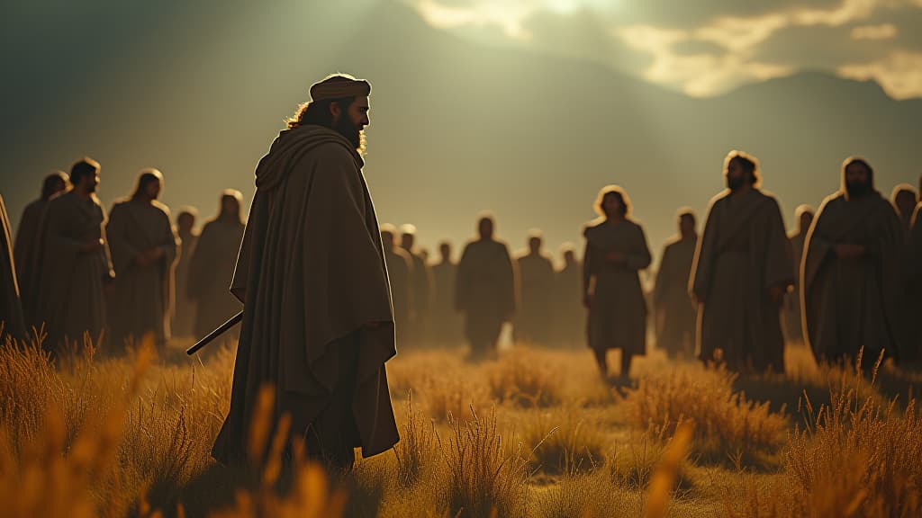  history of biblical times, laban finally catches up with jacob at gilead, depicted in an intense standoff. hyperrealistic, full body, detailed clothing, highly detailed, cinematic lighting, stunningly beautiful, intricate, sharp focus, f/1. 8, 85mm, (centered image composition), (professionally color graded), ((bright soft diffused light)), volumetric fog, trending on instagram, trending on tumblr, HDR 4K, 8K