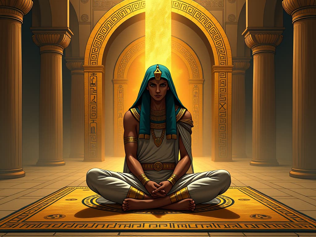  an ancient egyptian mystic, sitting on a golden mat in a temple, hieroglyphs and sacred symbols behind, aura of deep spiritual exploration. the style is digital art illustration / modern comic book / mysterious occult, symbolic, esoteric vibe,high detail on character design, incorporating ancient egyptian symbology and attire.