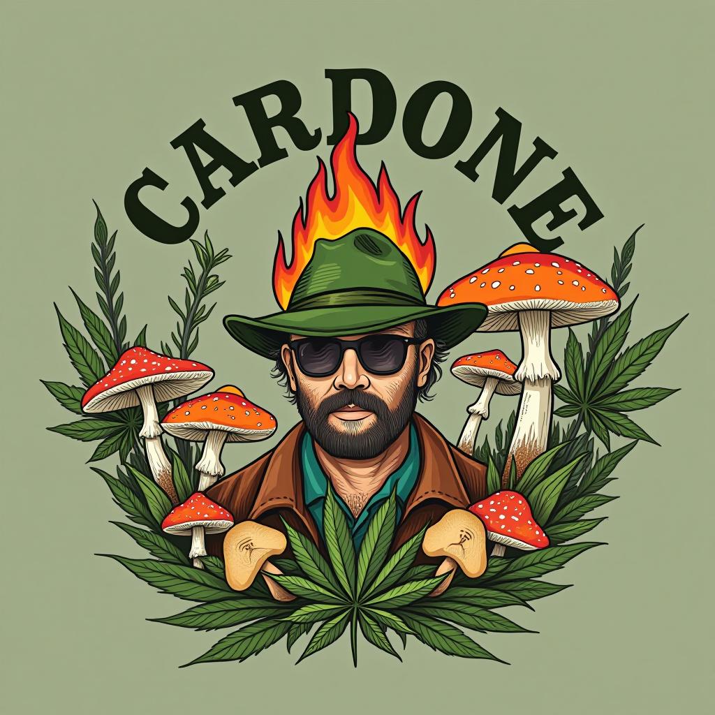  create me a logo that represents a white cajun rapper from st. bernard, louisiana. encircle the logo with“cardone”. incorporate fire, rocket ships, mushrooms, and cannabis, (logo), organic, earthy, green, natural elements, leaves, trees, eco friendly, soft colors, hand drawn, fresh