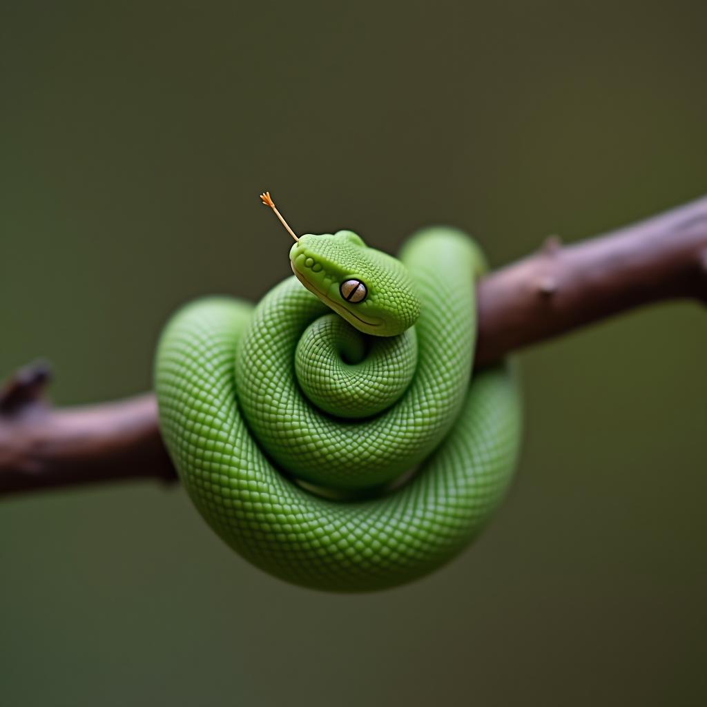  a little green snake wrapped around a twig in a spiral.