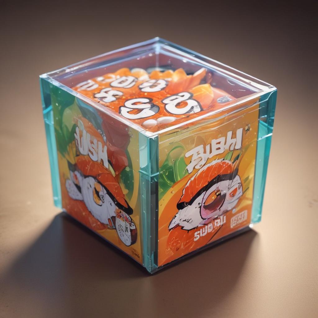 distance-shot, flashy, full-body, dynamic, holographic, animated cartoon poster of a take-out box of sushi in the style of dragon ball super