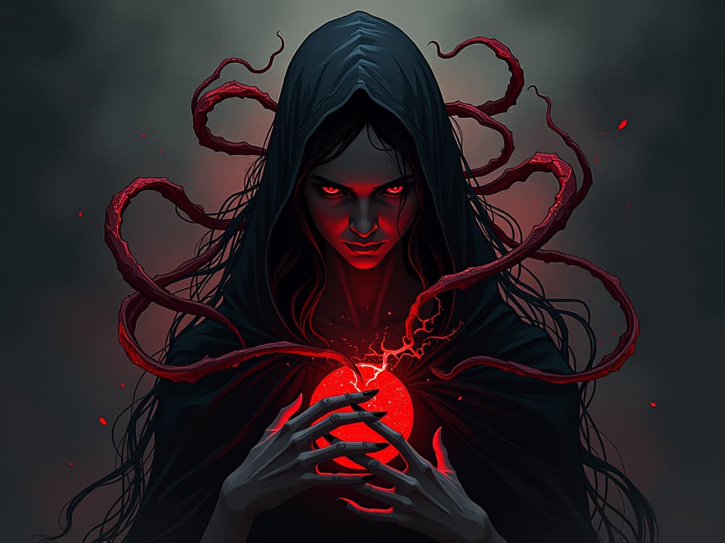  spectral tendrils wrapping around the soul, faint red energy, hints of lingering attachment. the style is digital art illustration / modern comic book / graphic dark novel fantasy and mysterious occult, symbolic, moody lighting, esoteric vibe,high detail on character design. for the color scheme emphasize blacks and reds.