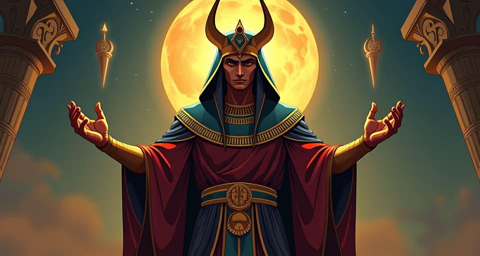  figure in ancient ceremonial robes, sacred symbols surrounding, solemn responsibility. the style is digital art illustration / modern comic book / mysterious occult, symbolic, esoteric vibe,high detail on character design, incorporating ancient egyptian symbology and attire.