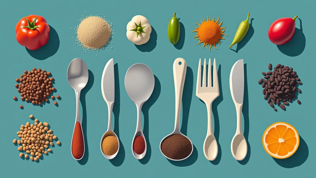  stylized vector art of kitchen spices on a blue background.