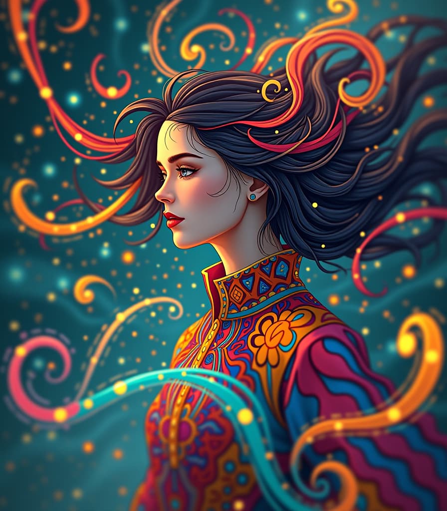  long exposure photo of light, centered, colorful, modern illustration of a girl with wild swirling hair full of landscapes. portrait, fibonacci sequence, tessellation, art nouveau, heavy outline comic book . blurred motion, streaks of light, surreal, dreamy, ghosting effect, highly detailed hyperrealistic, full body, detailed clothing, highly detailed, cinematic lighting, stunningly beautiful, intricate, sharp focus, f/1. 8, 85mm, (centered image composition), (professionally color graded), ((bright soft diffused light)), volumetric fog, trending on instagram, trending on tumblr, HDR 4K, 8K