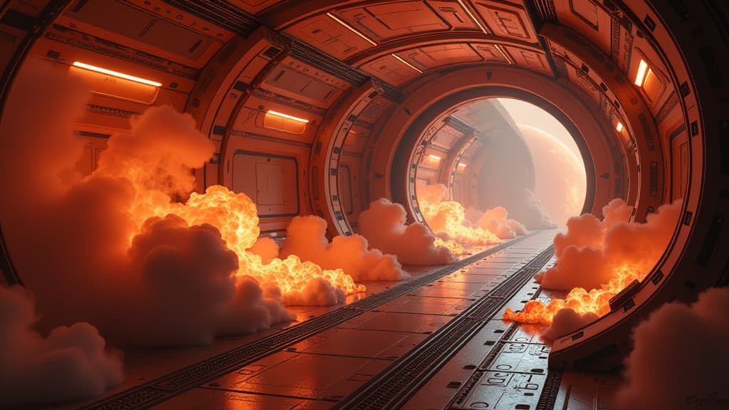  prompt: create a hyper realistic image of a futuristic spacecraft interior in zero gravity, filled with intense flames and smoke. the scene should showcase a detailed exploration of the effects of environmental conditions on fire hazards during a journey to mars. incorporate prominent branding of space research organizations and futuristic technology logos. ensure that every pixel reflects the heightened risk of fire in the spacecraft, with intricate details of flames, smoke patterns, and the cr