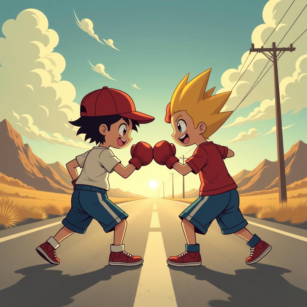  pokémon style two young pugnacious sons in es, to face off in a boxing fight on an empty american abandoned highways. . vint, cute, anime, fantasy, reminiscent of pokémon series