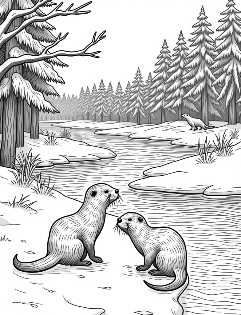  this is for an adult coloring page. a detailed black and white line art of a snowy snowy riverbank with a group of otters playing on a solid white background.