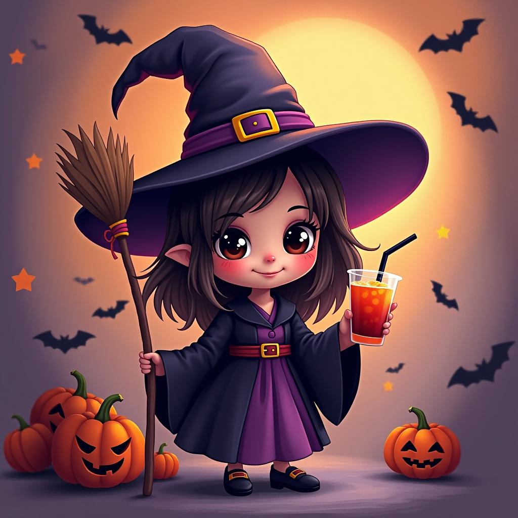  create a digital painting featuring a cute witch character. the witch should be wearing a hat. in one hand, the witch should hold a broomstick, and in the other hand, a halloween themed drink. the background should be colorful and include small black bats, pumpkins and stars to add a playful halloween touch. the overall style should be cute, whimsical, and colorful hyperrealistic, full body, detailed clothing, highly detailed, cinematic lighting, stunningly beautiful, intricate, sharp focus, f/1. 8, 85mm, (centered image composition), (professionally color graded), ((bright soft diffused light)), volumetric fog, trending on instagram, trending on tumblr, HDR 4K, 8K