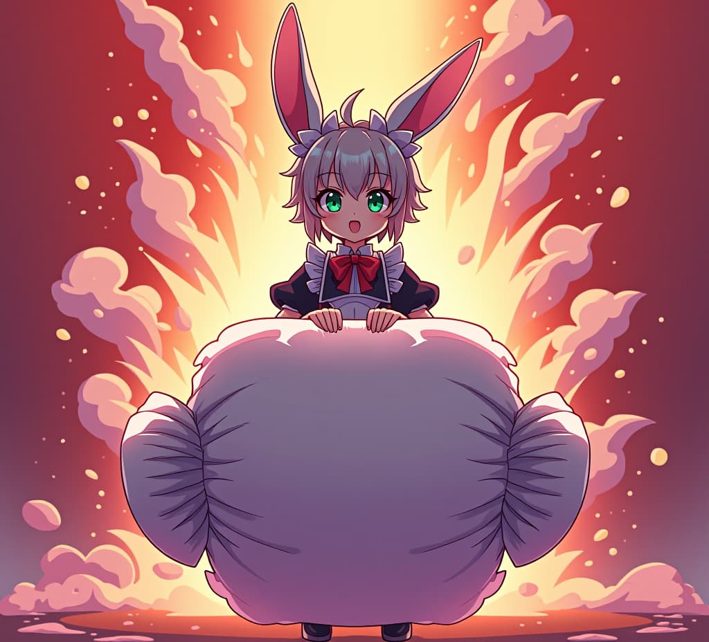  a massive explosion of colorful chaos erupts on screen, set against a deep crimson background that gradually transitions to a warm orange hue towards the top. a striking anime furry maid, with short, spiky fur resembling a rabbit's, stands center frame, her bright pink ears perked up with excitement. her piercing green eyes sparkle with mischief as she wears a fluid, flowing maid costume adorned with intricate, swirling patterns that shift and shimmer in the light. the focal point, however, is the colossal diaper she wears, now inflated to an astonishing ten meters in diameter, its soft, fluffy texture resembling a giant marshmallow. the diaper's puffed up surface is flecked with tiny, shimmering silver dots, emitting a gentle, pulsing glow