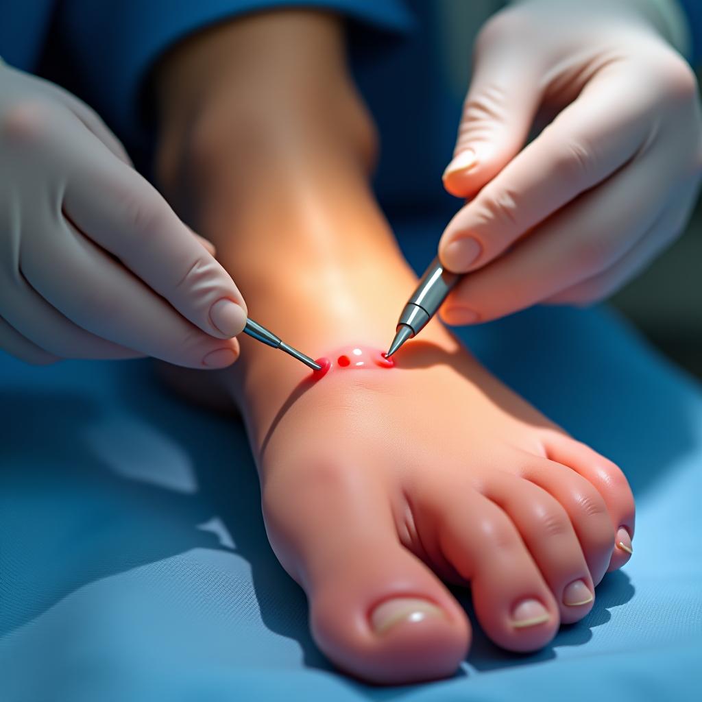  the process of the surgeon removing the ingrown toenail corner on the foot.