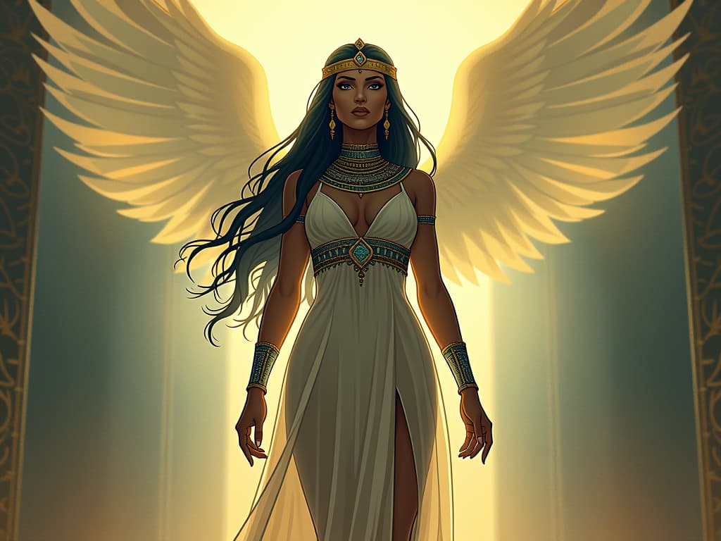  a large busted priestess in a sheer, form fitting dress, standing before an ethereal light, the boundaries between her and the light dissolving, symbolizing the transcendence of separation. the style is digital art illustration / modern comic book / mysterious occult, symbolic, esoteric vibe,high detail on character design, incorporating ancient egyptian symbology and attire.