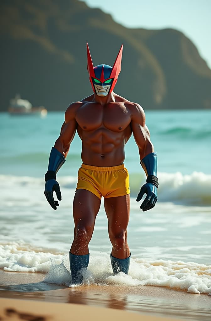  mazinger z en bermudas dandose un baño en la playa hyperrealistic, full body, detailed clothing, highly detailed, cinematic lighting, stunningly beautiful, intricate, sharp focus, f/1. 8, 85mm, (centered image composition), (professionally color graded), ((bright soft diffused light)), volumetric fog, trending on instagram, trending on tumblr, HDR 4K, 8K