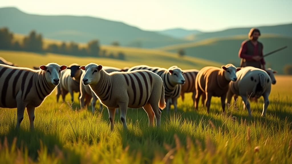  biblical times, jacob's salary: a vivid scene depicting striped and spotted sheep grazing in a lush pasture, under a bright sky, showcasing various patterns on the sheep's wool. the background includes rolling hills and trees, with jacob tending to his flock, highlighting the unique beauty of these animals. hyperrealistic, full body, detailed clothing, highly detailed, cinematic lighting, stunningly beautiful, intricate, sharp focus, f/1. 8, 85mm, (centered image composition), (professionally color graded), ((bright soft diffused light)), volumetric fog, trending on instagram, trending on tumblr, HDR 4K, 8K