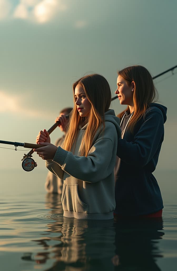  3 girls fishing hyperrealistic, full body, detailed clothing, highly detailed, cinematic lighting, stunningly beautiful, intricate, sharp focus, f/1. 8, 85mm, (centered image composition), (professionally color graded), ((bright soft diffused light)), volumetric fog, trending on instagram, trending on tumblr, HDR 4K, 8K