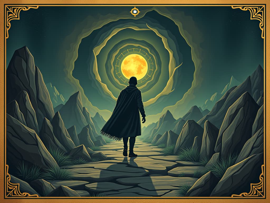  a traveler journeying through obstacles, guided by a glowing orb, hopeful, unwavering. an illustration in the style of a worn, mystical old tarot trump card, mysterious and elements of surrealism. the colors are muted, somber and eerie, but with contrast bring out an occult and esoteric vibe.