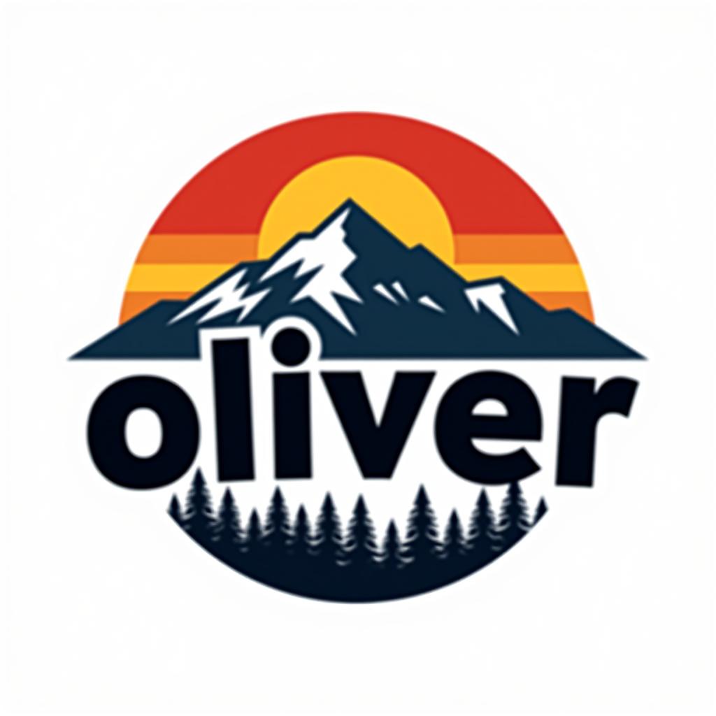  design a logo, custom sticker design on an isolated white background with the bold words ‘oliver’ with a backdrop of a mountain range, and silhouettes of pine trees at sunset